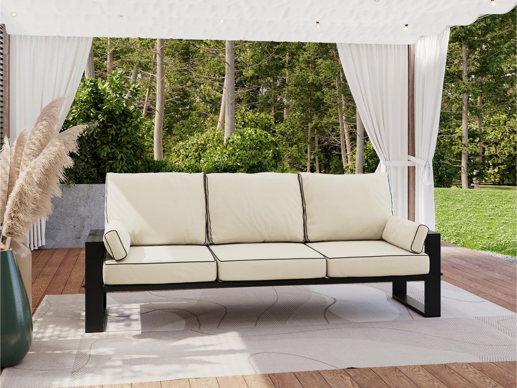 MKS MEBLE Outdoor Sofa, Wellenfeder, Terrasse, Metallbeinen, Wetterfest, 3-Personen - ELBA - beige
