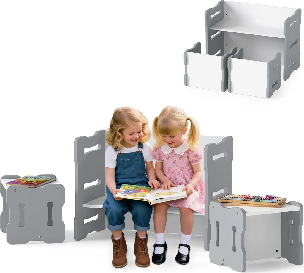 COSTWAY Tavolo per Bambini 6 in 1 Legno Grigio con 2 Sedie e Panca