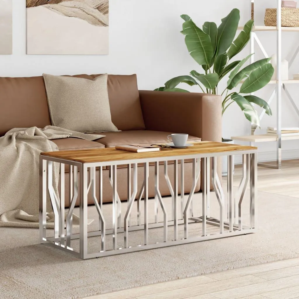 Table Basse Luxe Acier Inoxydable Argenté et Plateau Acacia Véritable - 2