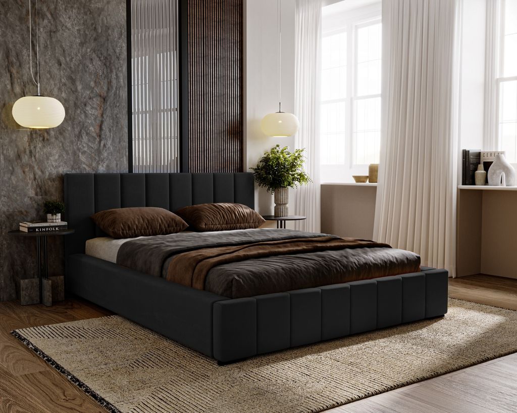Polsterbett Nero inkl. Schaummatratze SELEKT, 120x200 cm, Doppelbett mit Bettkasten und Lattenrost aus Holz, Velourstoff: Schwarz