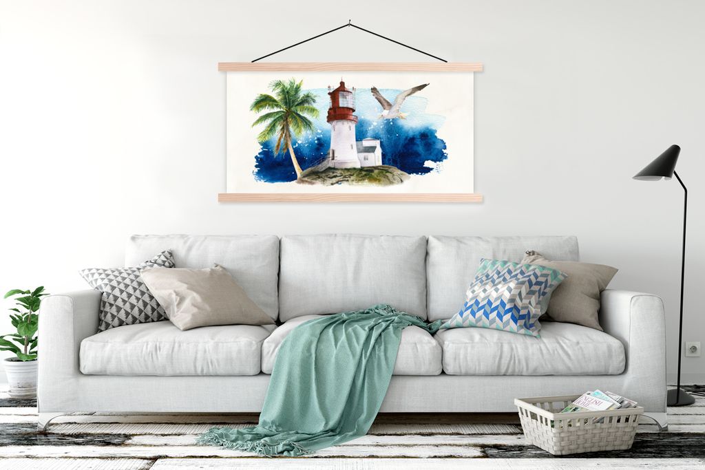 MuchoWow Textilposter Leuchtturm - Palme - Vogel 120x60 cm mit holzfarbenen Rahmen - Klemmleiste