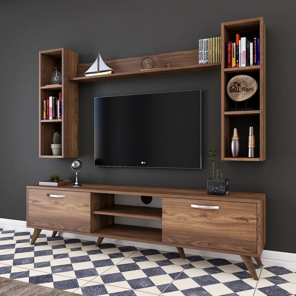 Meuble TV Mélaminé de Haute Qualité, Finition Noyer Chic, Skye Decor M5