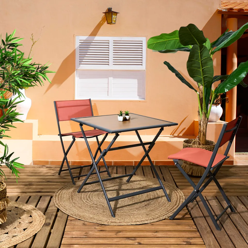 Table Barcelone 70x70 en Métal Robuste et Plateau Gris Effet Bois Mat