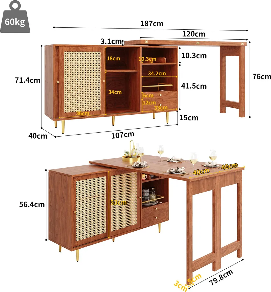 Table de bar extensible avec rangement en rotin et plateau orientable
