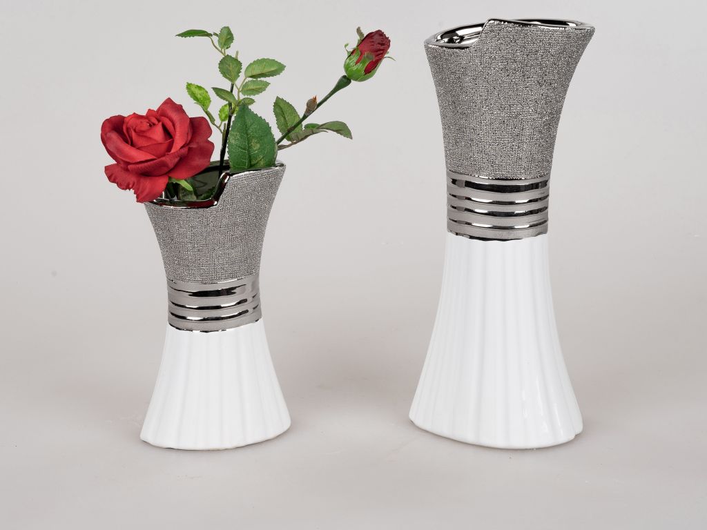 Dekorative Blumenvase Vase Keramik 30cm weiss-silber
