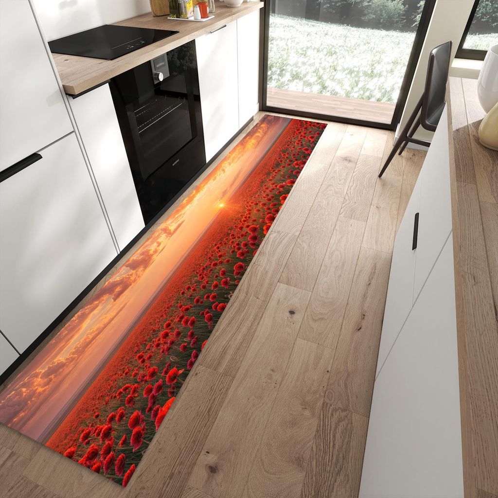 Küchenteppich 60x300cm rutschfest & abwischbar PVC Läufer - Mohnfeld Sonnenuntergang