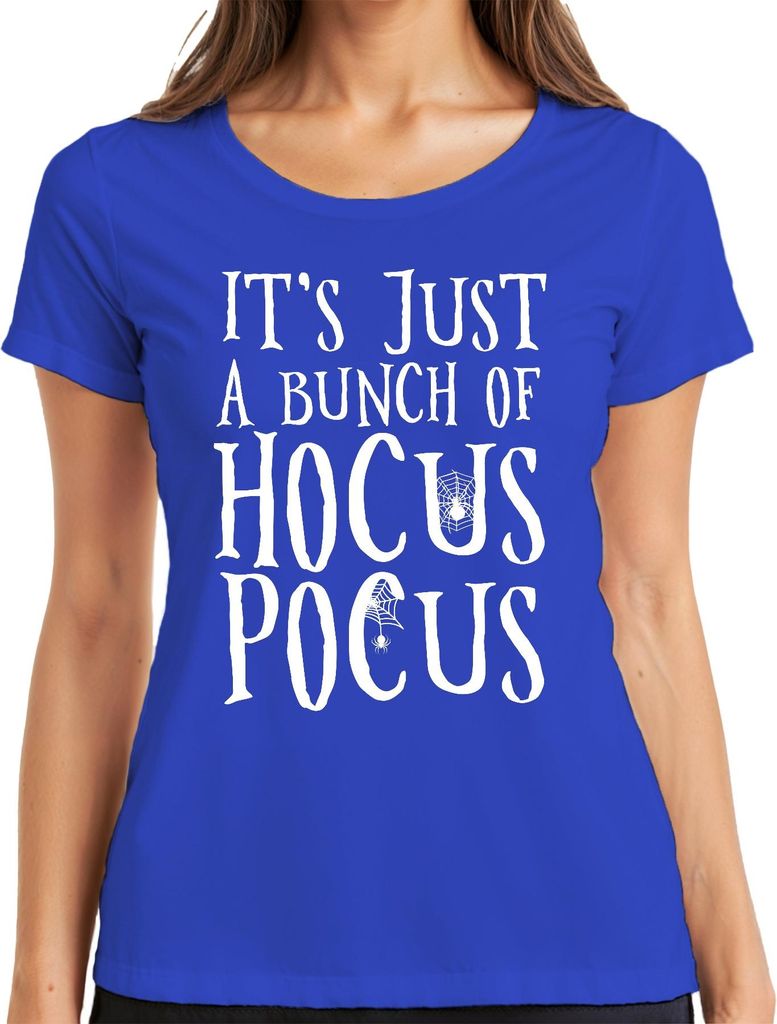 It's Just a Bunch of Hocus Pocus Halloween Hexe Spinnennetz Retro Damen T-Shirt, Blau, S