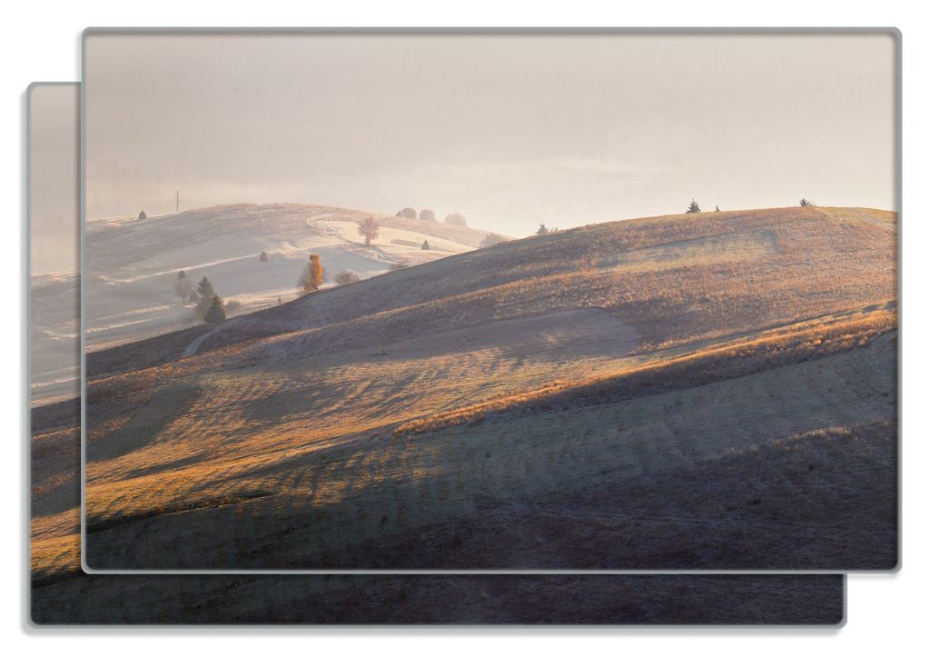 Wallario Frühstücksbrettchen 2er Set aus Glas, je 20 x 30 cm, mit rutschfesten Füßen, Motiv Herbstliche Felder bei Sonnenaufgang