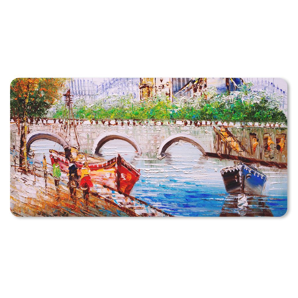 MuchoWow Schreibtischunterlage Gemälde - Paris - Boot - Brücke 80x40 cm - XXL Mauspad - Gaming Mauspad