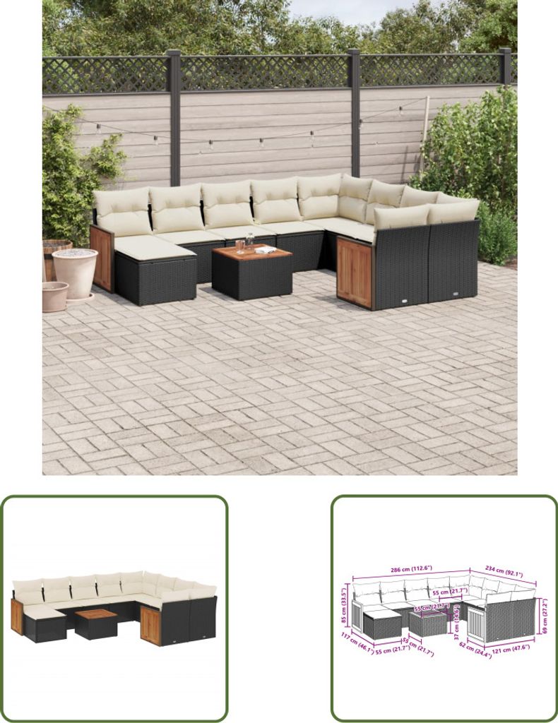 The Living Store 11-tlg. Garten-Sofagarnitur mit Kissen Schwarz Poly Rattan