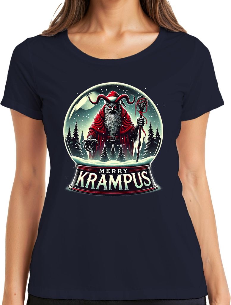 Merry Krampus Schneekugel Hörner Roter Mantel düster Weihnachten Damen T-Shirt, Navy, XXL