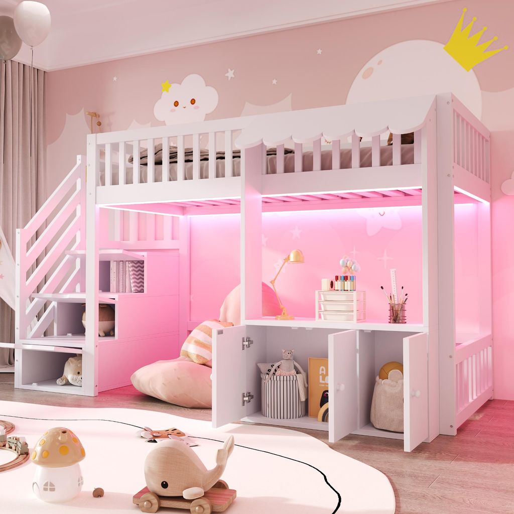 Holz-Hochbett 90×200 cm, mit Stauraumschrank, Stauraumtreppe, mehrfarbiger LED-Lichtleiste, Traufendesign, Lattenrost, Einzelbett, Weiß