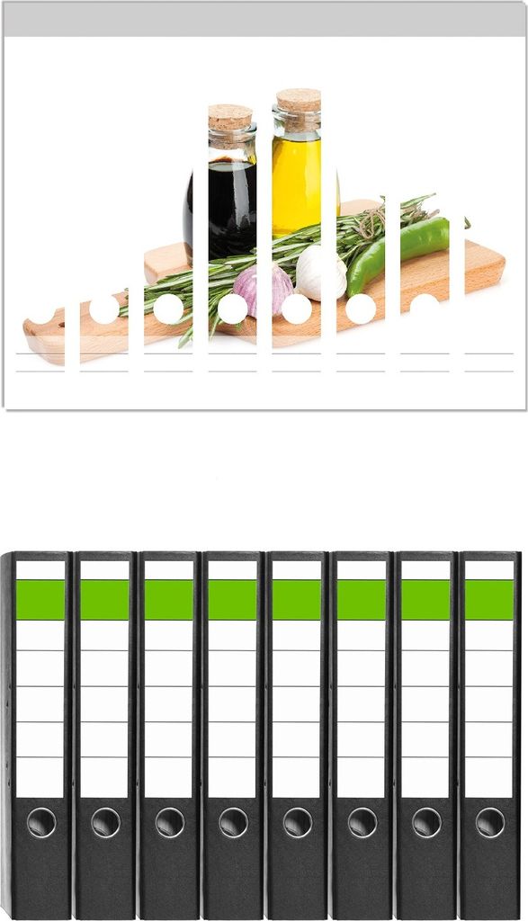 Wallario 8 Stück schmale Ordner inkl. Klebeetiketten mit Motive Gewürze, Kräuter und Öle auf einem Holz-Schneidebrett - Set mit Rückenschilde...