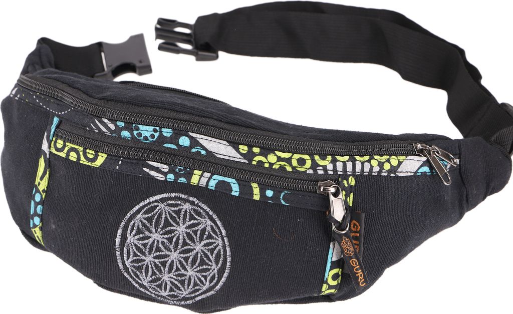 Große Bestickte Stoff Gürteltasche, Crossbody Bag, Hüfttasche, Schultertasche - Schwarz, Uni - Erwachsene, Baumwolle, 15*35*5 cm, Festival- Bauc...