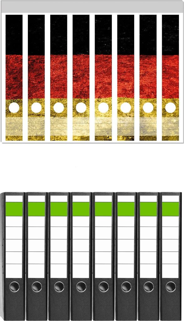 Wallario 8 Stück schmale Ordner inkl. Klebeetiketten mit Motive Verwitterte Deutschland-Fahne in schwarz rot gold - Set mit Rückenschildern / Or...