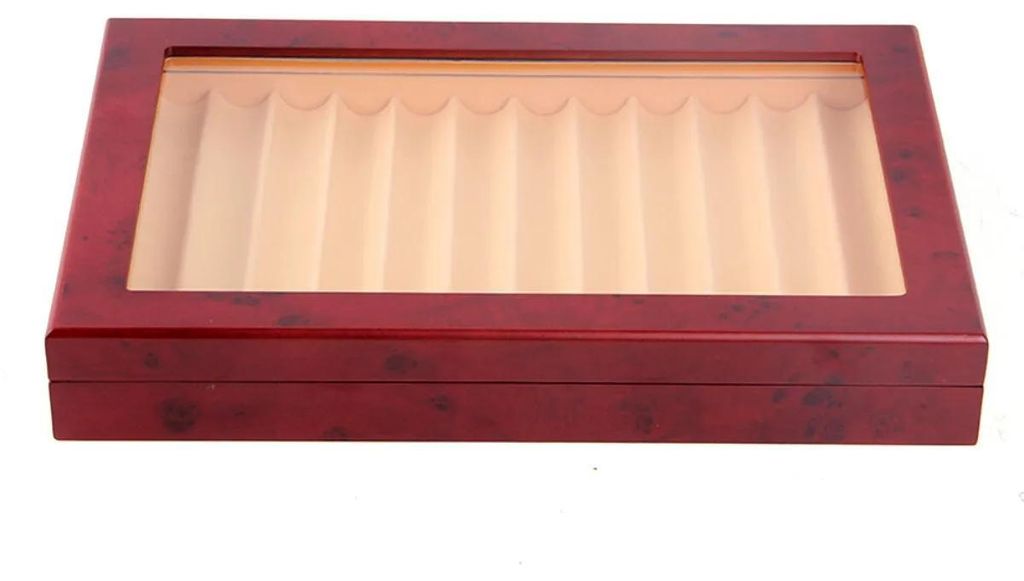 Stifte-Aufbewahrungsbox - Stifteetui mit 12 Fächern - Glasdeckel - Massivholz - 31×20×5 cm - Für Füllfederhalter - Für Sammler - Dunkelrot