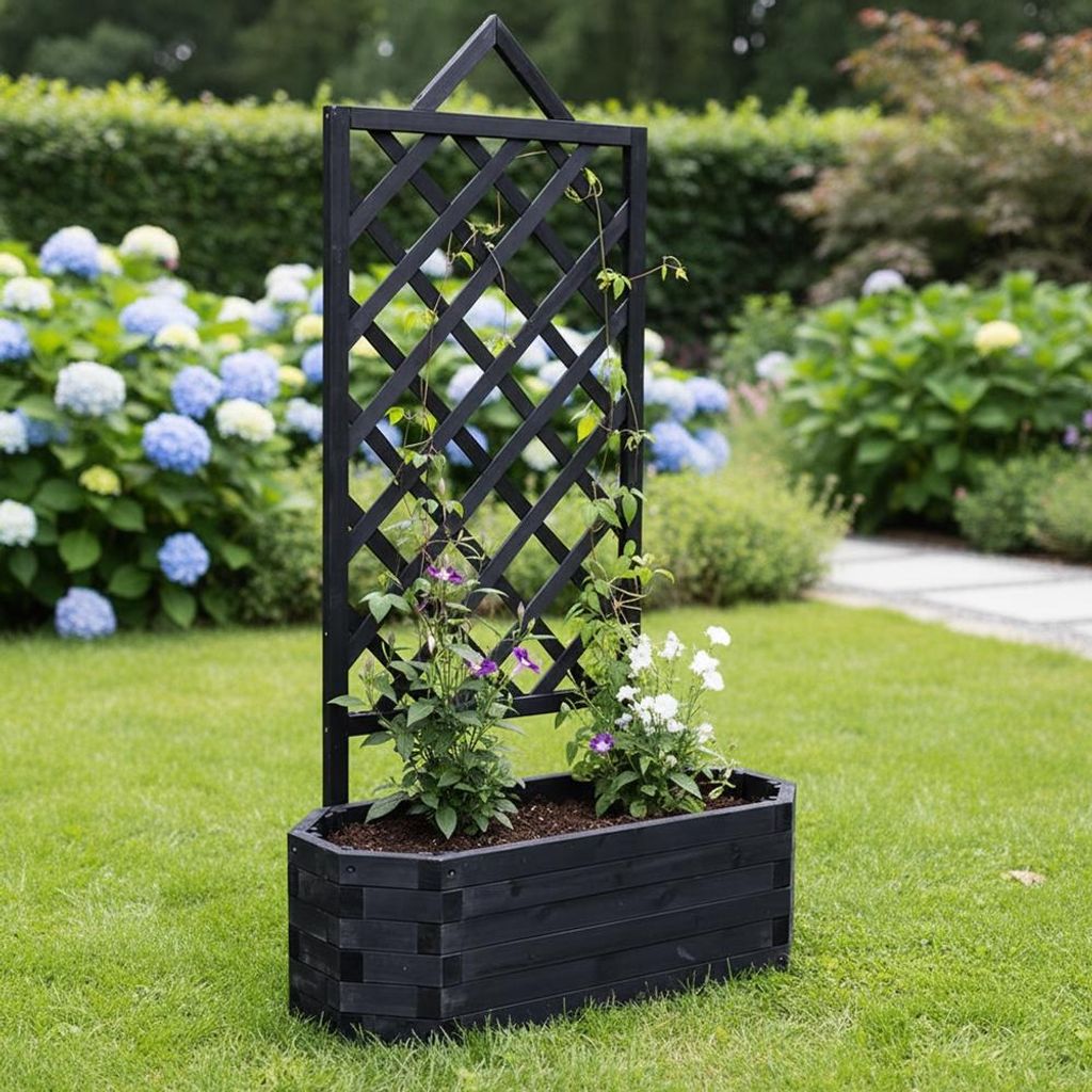 Mucola Blumenkasten mit Rankgitter Pflanzkasten Rankgitter Rankhilfe Rosenbogen Blumenkübel Holz - Schwarz