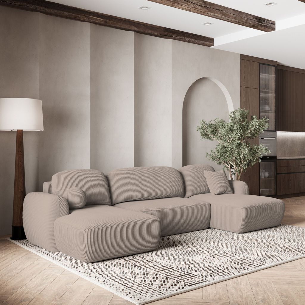 Masseno Ecksofa SAVONA P mit Schlaffunktion U-Form, Sofa mit Bettkasten, Wohnzimmersofa, Couch, Soffa, Bettsofa, Couchgarnitur- Beige, POSO 02