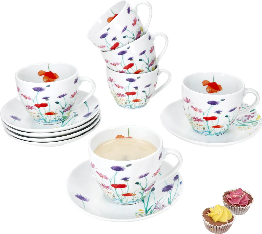 Set Tazze Marie per 6 Persone Porcellana Fiori Tè e Caffè con Piattini