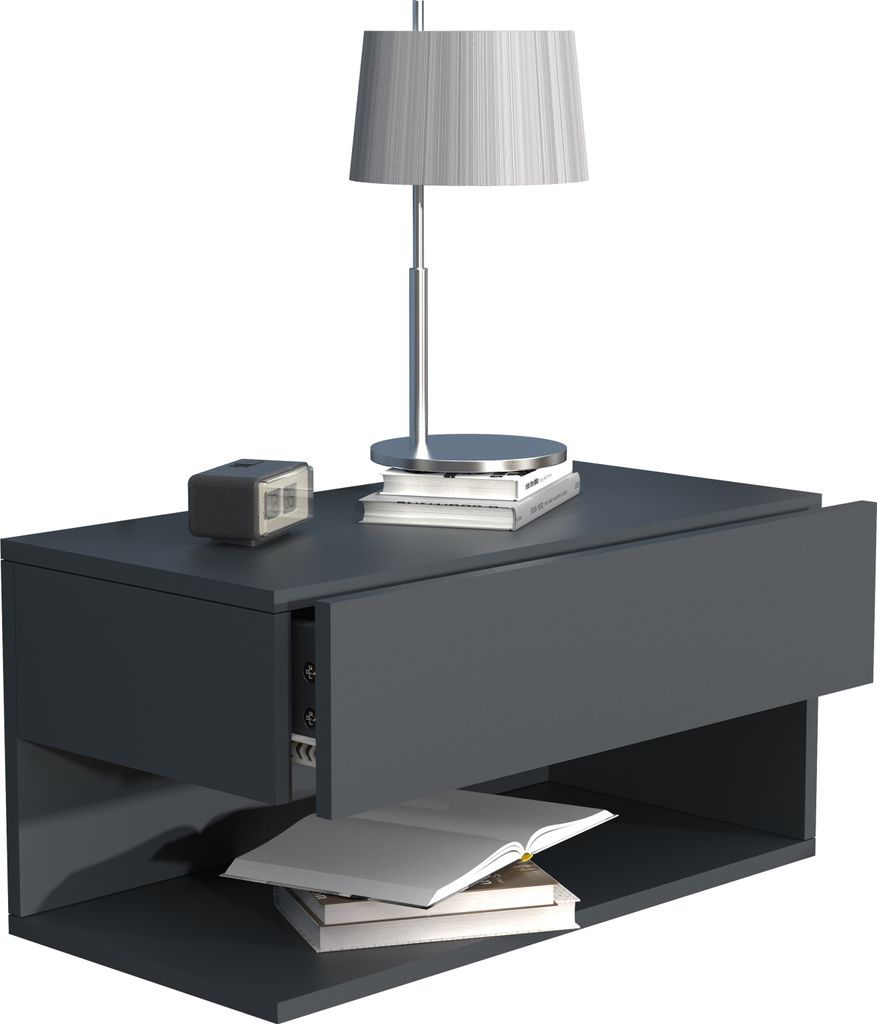 A modern, dark gray floating nightstand with an open shelf and a drawer. A table lamp and a small digital clock are on top, and books are in the shelf.
