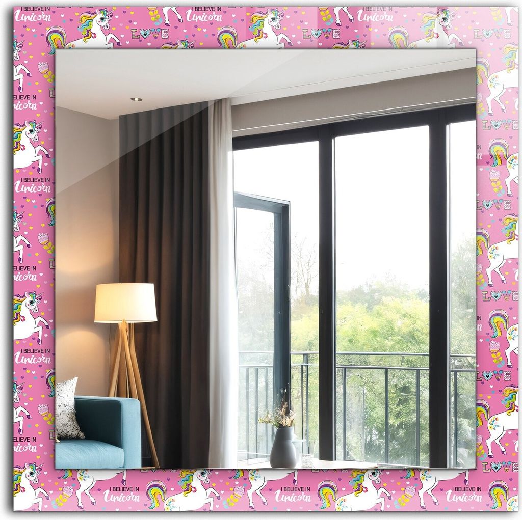 Dekorativer Wandspiegel - Bedruckter Spiegel - Motiv - 60x60 cm - Einhörner Regenbogenherzen