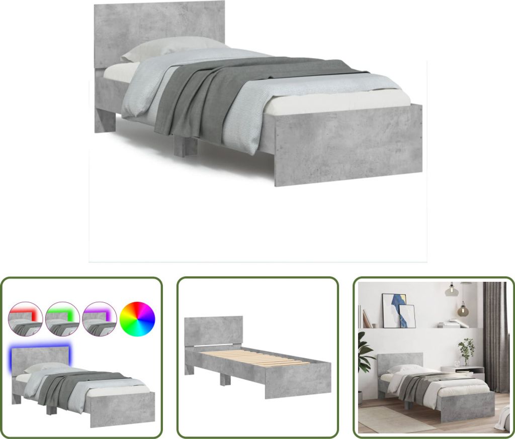 The Living Store Bettgestell mit Kopfteil und LED-Leuchten Betongrau 75x190 cm