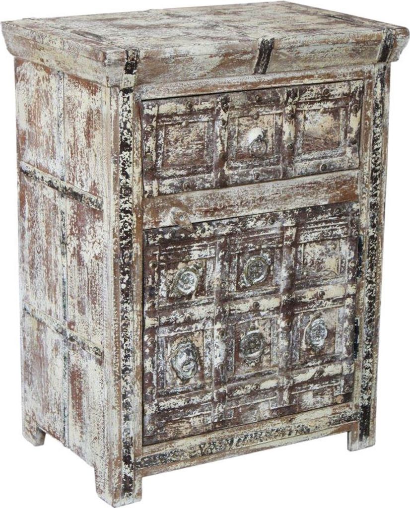 Vintage Beistellschrank, Kommode, Nachttischschrank, Flurschrank mit Metall Verzierungen - Modell 1d, Weiß, Holz, 75*56*37 cm, Kleine Schränke