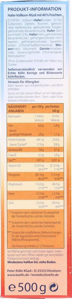 Kölln Frucht ohne Zucker Müsli 500,0 g Produktbild 3