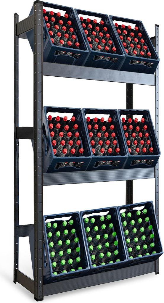 A three-tiered shelving unit holding crates of bottled drinks.
