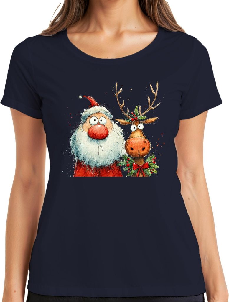 Lustiger Weihnachtsmann und Rentier Aquarell Weihnachten Geschenk Damen T-Shirt, Navy, M