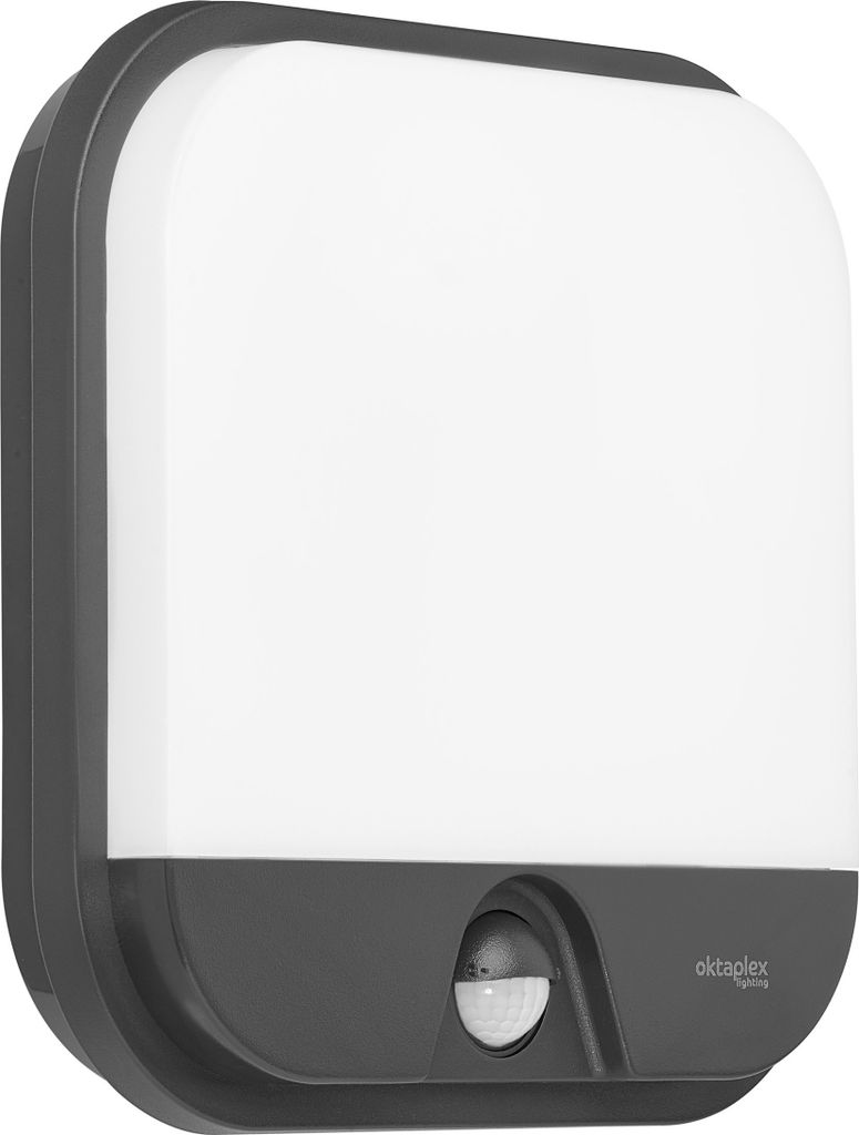 A close-up studio shot of an outdoor light fixture with a motion sensor.
