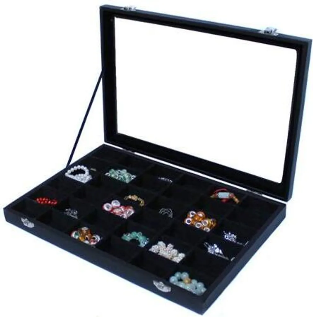 Coffret à bijoux 36 compartiments, couvercle en verre, finition noire