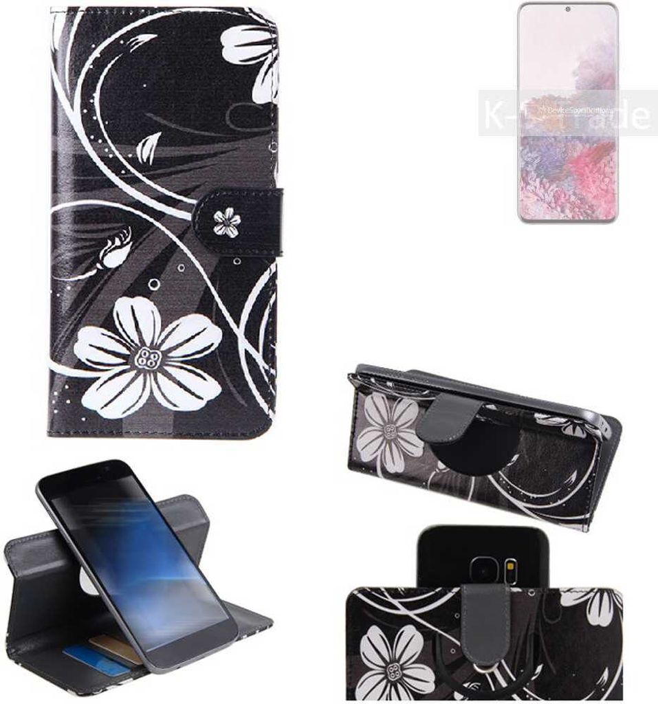 K-S-Trade Schutzhülle Handyhülle kompatibel mit Samsung Galaxy S20 5G Exynos Hülle 360° Wallet Case ''Flowers'' Klapphülle Hülle schwarz-weiß