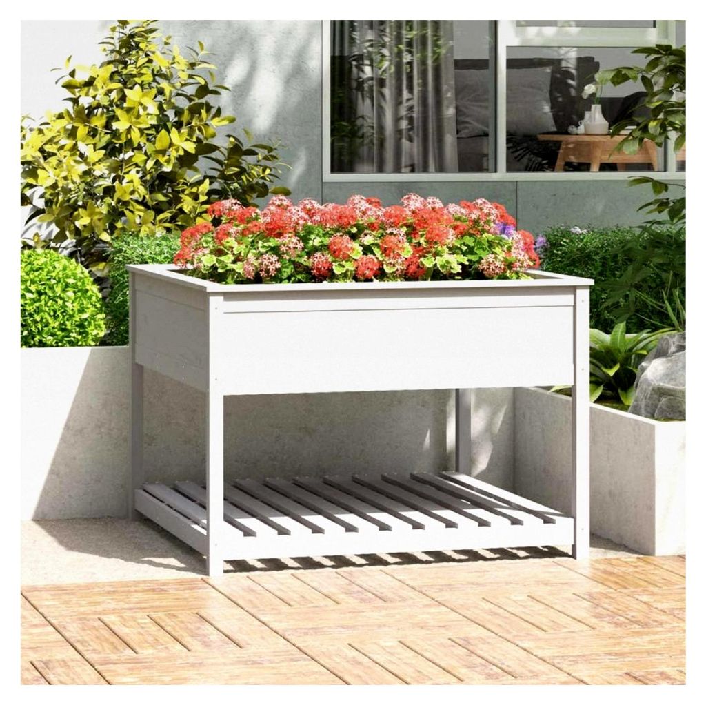 Blumenkasten und Regal, weiß, 111,5 x 111,5 x 81 cm, Massivholz, Kiefernholz, Hochbeet, Pflanzgefäß für Blumen, Sukkulenten, Terrasse, Patio, B...