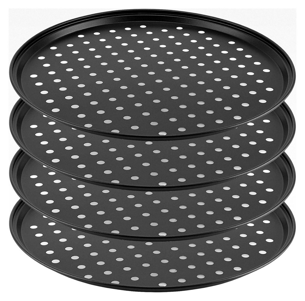 4 Stück runde Pizzableche 32 cm, Antihaft-Pizzableche mit Löchern, perforierte Pizzaformen Kohlenstoffstahl