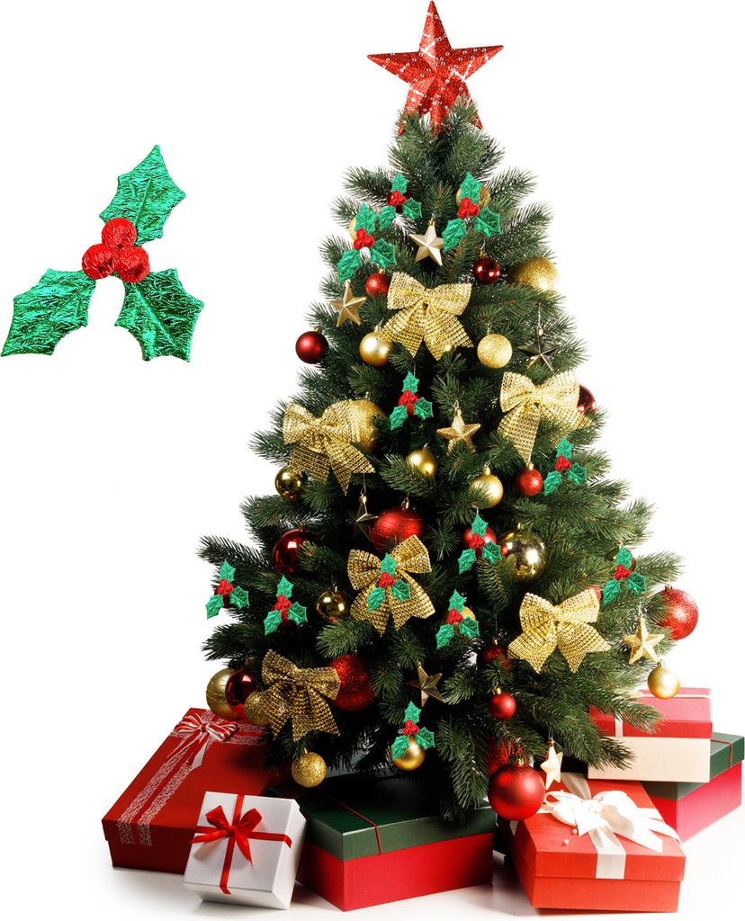 100 Stück Weihnachtsaufnäher, grüne Blätter, rote Beeren, Applikation, wiederverwendbar, Vliesstoff, DIY, Weihnachtsbaumrock, Dekorationsblatt,...