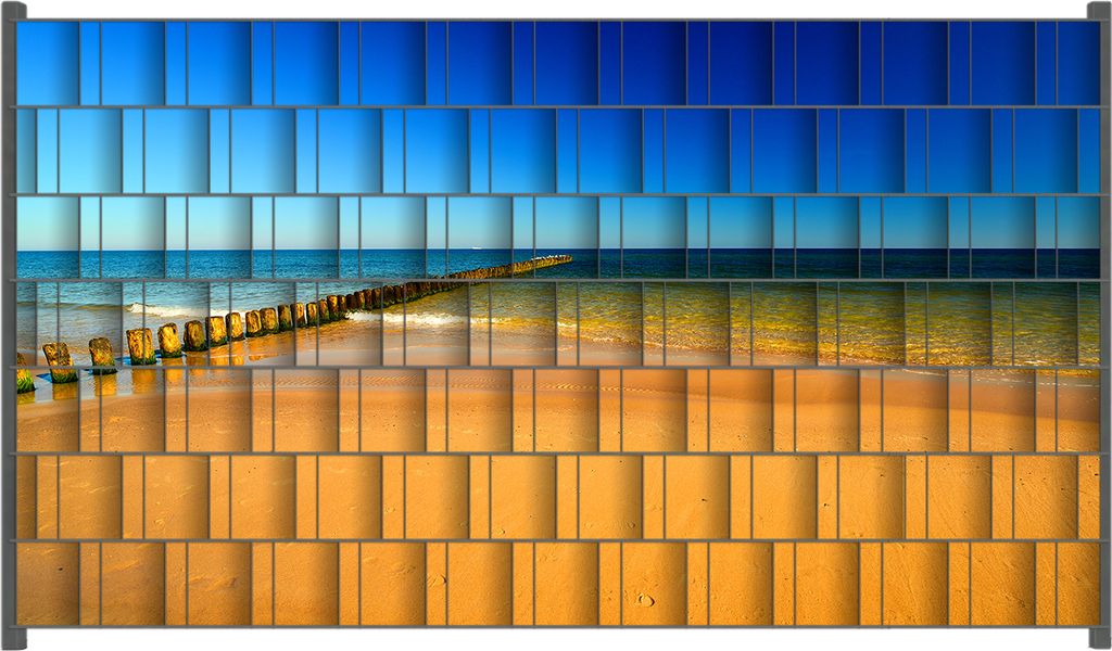 Wallario Zaunsichtschutz mit Motiv Sandstrand in orange - Blaues Meer - Blauer Himmel für Ein- und Doppelstabmatten Zäune in der Größe 250 x 14...