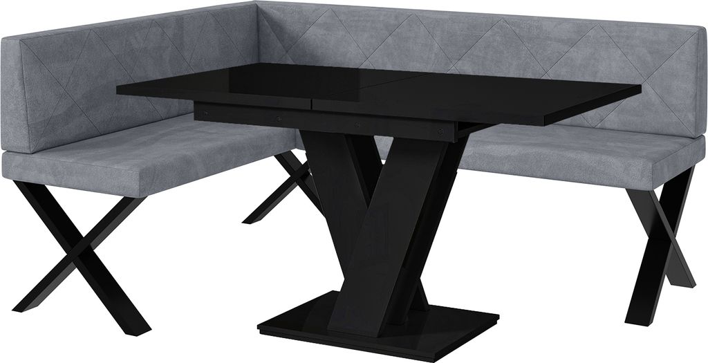 MEBLINI Eckbank für Esszimmer mit ausziehbarem Tisch - Küchenbank - Essecke - Sitzecke Küche - ERIC - X-Beine 128x168x87cm Links - Grau Samt/M S...