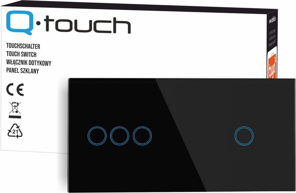 Touchschalter Panel 3+1 Glas schwarz Qtouch Wandschalter ohne Modul