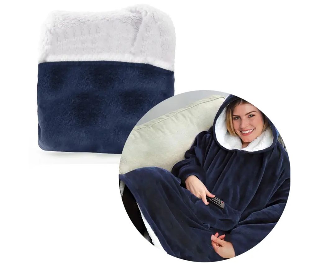 A folded blanket with sleeves and a hoodie, and a woman wearing the blanket on a couch.