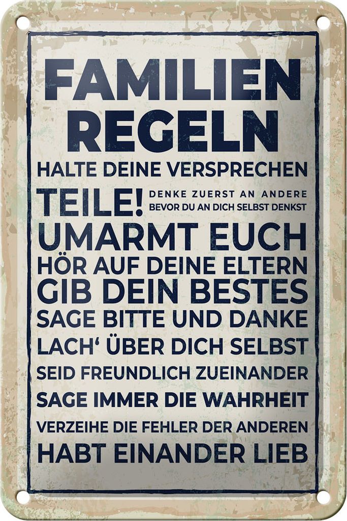 Blechschild Familien Regeln, 30 x 20 cm, Blechschilder Spruch Glück Weisheit