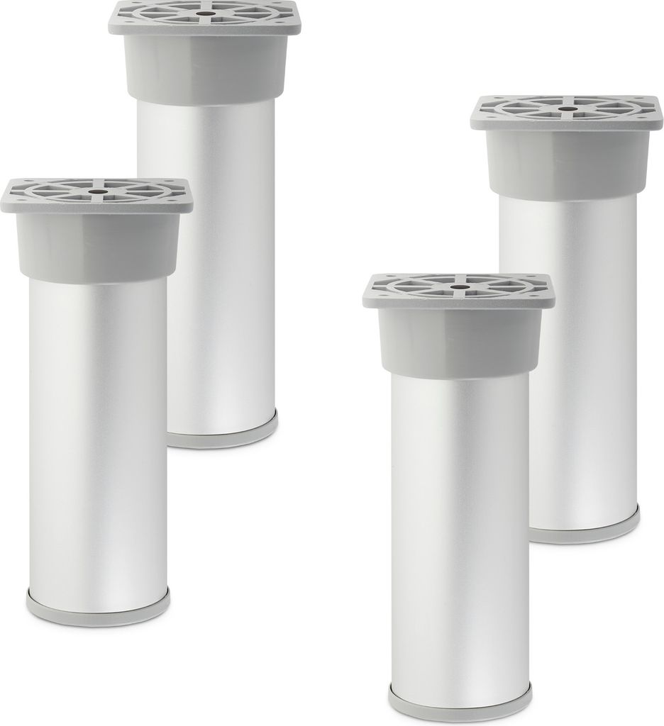 4 Stück Möbelfüße Alfa II 150 mm (+ 10 mm) Ø 50 mm Silberoptik eloxiert höhenverstellbare Schrankbeine aus Aluminium Sotech