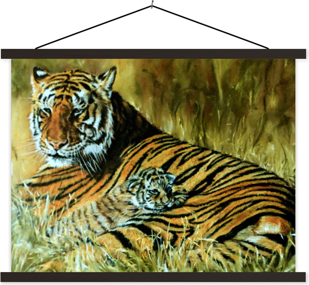 MuchoWow Textilposter Ölgemälde Tiger und ihr Junges 60x45 cm mit schwarzem Rahmen - Poster Schlafzimmer