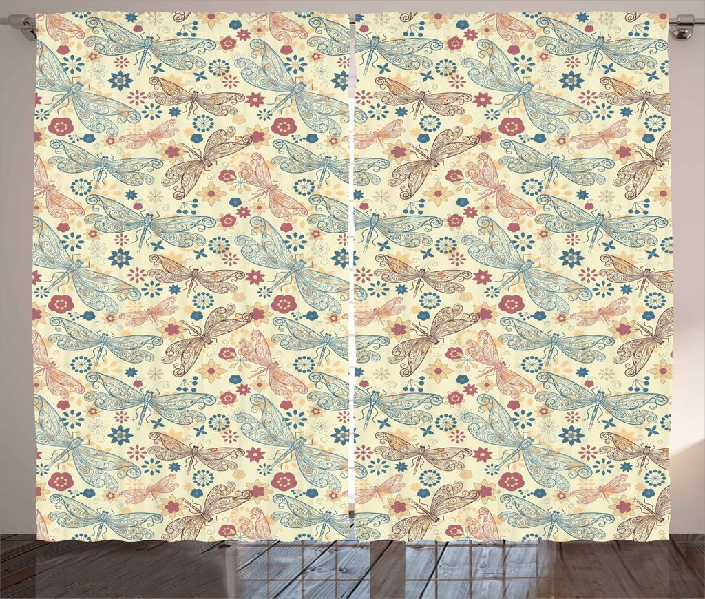 ABAKUHAUS Jahrgang Rustikaler Gardine, Libellen und Blumen, Schlafzimmer Kräuselband Vorhang mit Schlaufen und Haken, 280 x 245 cm, Türkis und Bu...