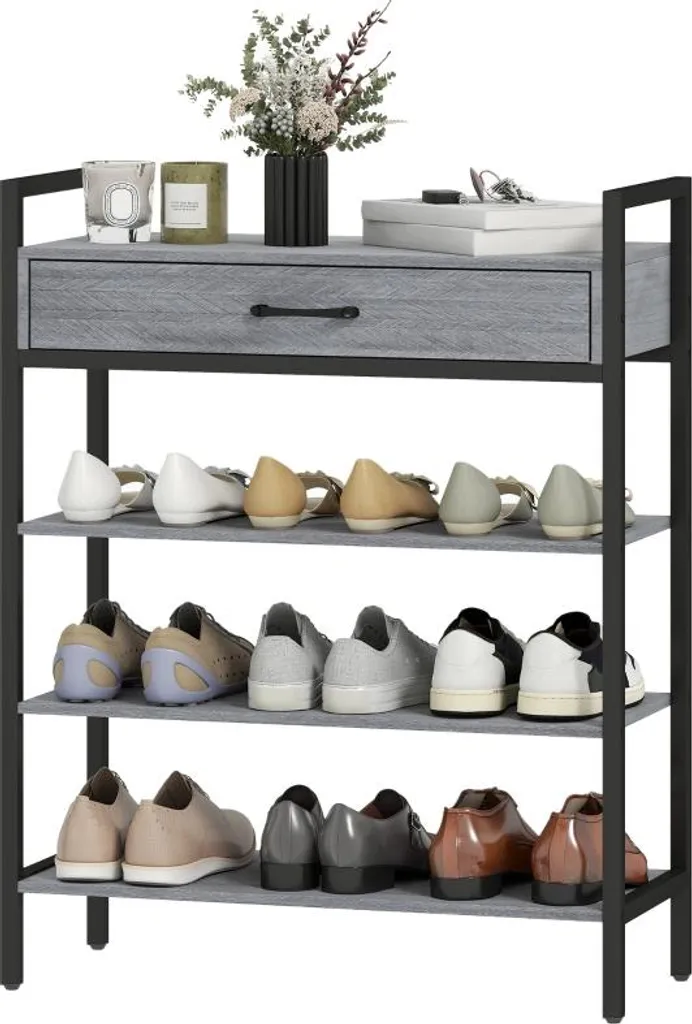 Fortuna Lai Étagère à chaussures à 4 niveaux en métal gris et bois