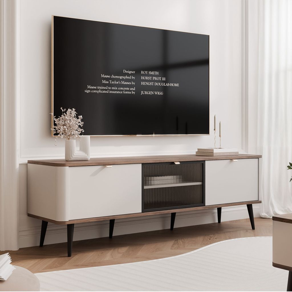 NAVANI TV-Lowboard 160 cm mit geriffelter Front Soft-Close-System Fernsehschrank Wohnzimmer TV-Schrank mit geriffeltem Glas Medienmöbel modern & ...