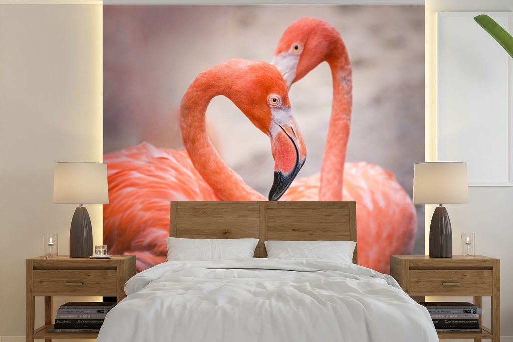 MuchoWow Fototapete für Wohnzimmer oder Schlafzimmer Wandtapete Vinyl Motivtapete Flamingos bilden mit ihren Hälsen ein Herz - 350x350 cm - Sch...