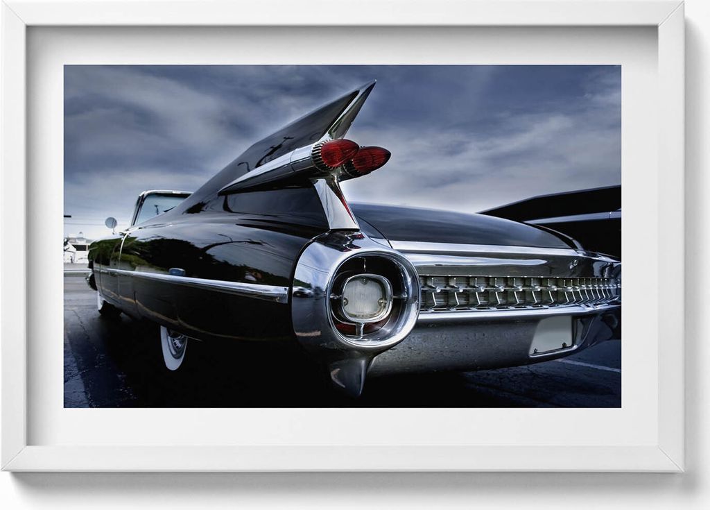Weißer Oldtimer-Cadillac– Wandbild mit Rahmen – Gerahmtes Bild – Wanddekoration – 60x40 cm – Schwarz Rahmen