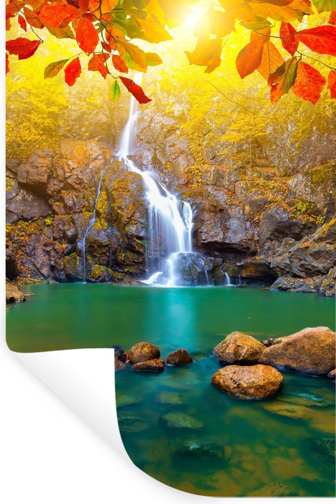 MuchoWow Wandtattoo Wandsticker Wandaufkleber Steine - Baum - Wasserfall - Herbst - Rot 60x90 cm Selbstklebend und Repositionierbar - Sticker - D...