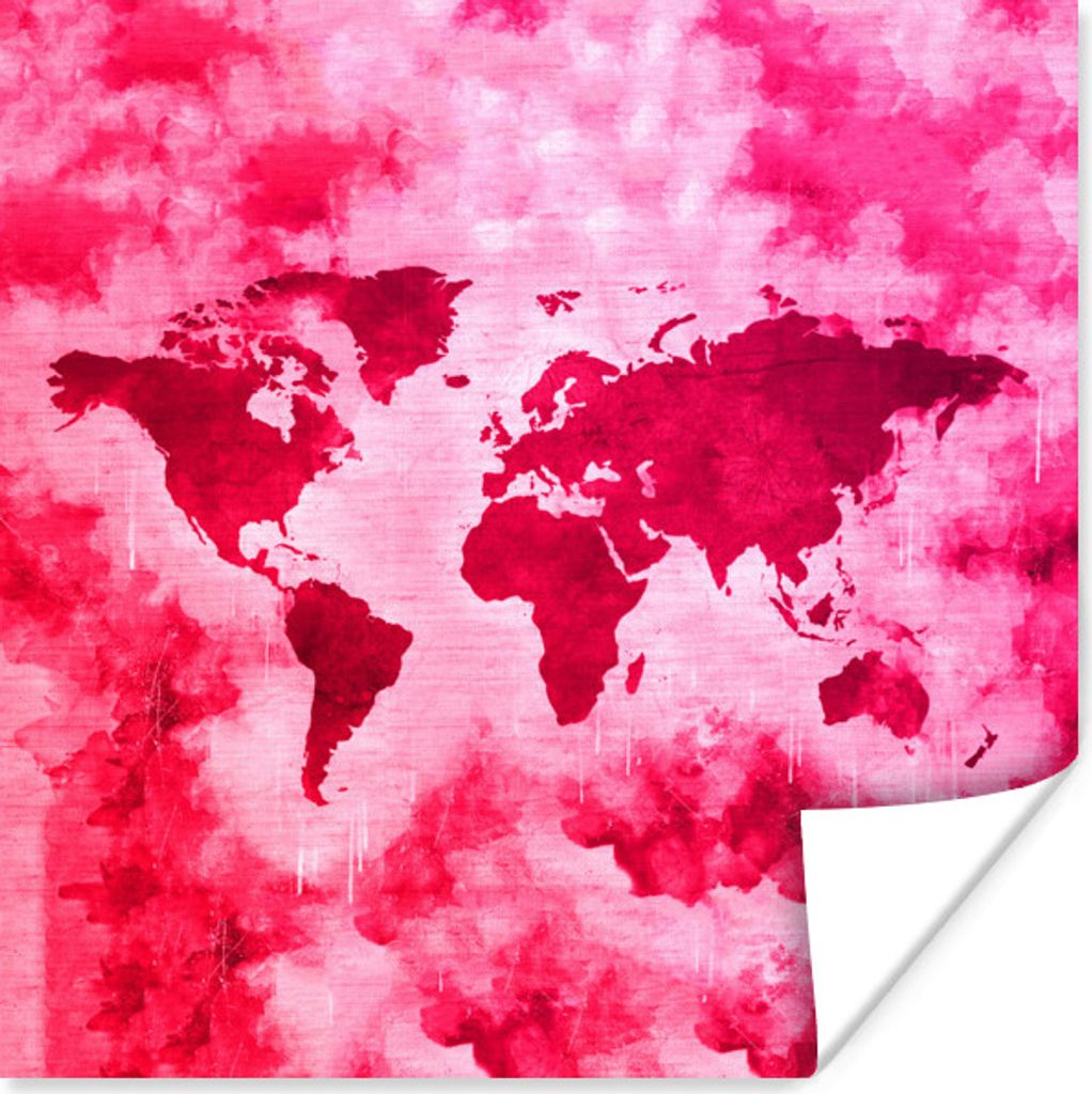 MuchoWow Poster Weltkarte - Farben - Rosa 30x30 cm - Wandposter - Printing